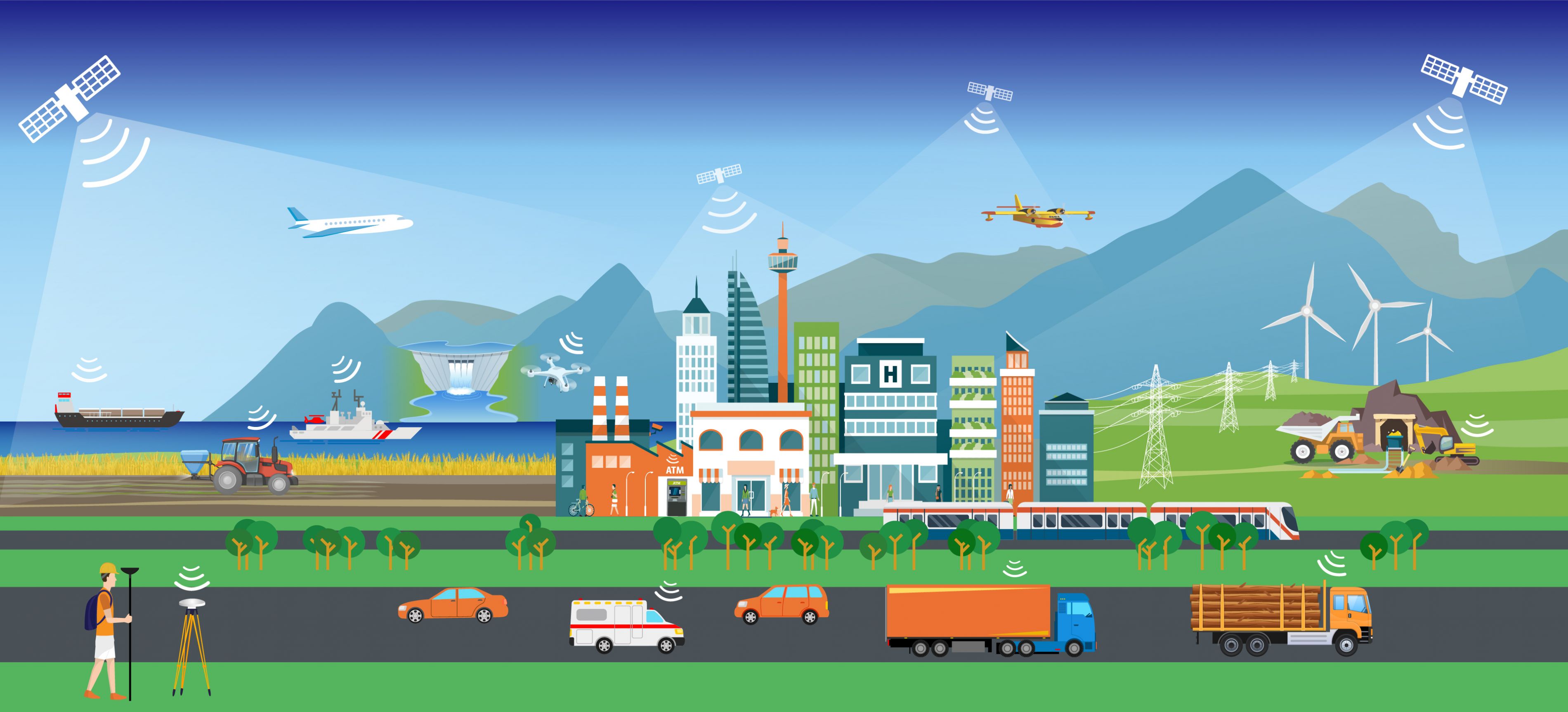 Illustration représentant des satellites au-dessus d’une ville qui reçoivent, et renvoient, des signaux provenant de véhicules et d’appareils au sol.
